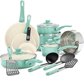GreenLife Soft Grip 16 Piece Cookware Set, Non-Toxic PFAS-Free Ceramic Nonstick, Pots, Frying, Sauce, Saute, Glass Lids, Stay-Cool Handles, Wobble Free Bases, Dishwasher & Oven Safe, Turquoise