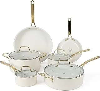 Martha Stewart Lockton Premium Non stick Non Toxic PFA Free Ceramic Interior 10 Piece Heavy Gauge Enamel Aluminum Pots and Pans Cookware Set - Linen White w/Gold Handle