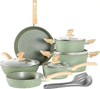 Kitchen Academy Non Toxic Pots and Pans Set Non Stick - 12 Piece Induction Cookware Sets, Green Granite Nonstick Cooking Pot and Pan, PFOA&PFOS Free