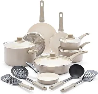 GreenLife 16 Piece Nonstick Cookware Set, Soft Grip Non-Toxic PFAS-Free Ceramic Pots & Pans, Dishwasher & Oven Safe, Frying, Sauce, Saute, Utensils, Glass Lids, Stay-Cool Handles, Wobble Free, Taupe