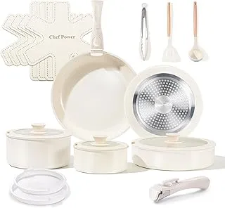 Chef Power Ceramic Cookware Set Non Toxic with Detachable Handles, Healthy Nonstick Pans and Pots Set 19 Pcs, Induction Dishwasher Oven Safe Kitchen Set, PFAS PFOA & PTFE Free, Cream White