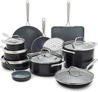 GreenPan 17 Piece Nonstick Swift Cookware Set, Ceramic PFAS-Free Pots & Pans with Lids, Dishwasher & Oven/Broiler Safe to 600F, Kitchen Cooking Set, Sauce, Saute, Stock, Griddle, Frying Pans, Gray