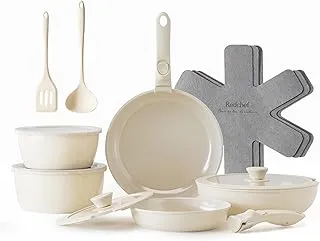 Redchef Ceramic Pots and Pans Set, Nonstick Kitchen Cookware Set with Detachable Handle, Non Toxic Cookware Set 16pcs, PFAS PFOA & PTFE Free, RV Ceramic Cookware for Camping, Dishwasher/Oven Safe