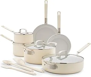 GreenPan x Bobby Flay 13 Piece Nonstick Cookware Pots and Pans Set, PFAS-Free Diamond Ceramic, Induction Suitable, Easy Clean Dishwasher & Oven Safe, Stay-Cool Silicone Handles, Glass Lids, Cream