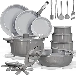 CAROTE 27pcs Ceramic Cookware Set Nonstick, Pots and Pans Set Non Stick, Non Toxic Cookware Detachable Handles, Dishwasher/Oven Safe, RV/Camping Cookware, Pan and Pot with Kitchen Utensils, Dark Gray