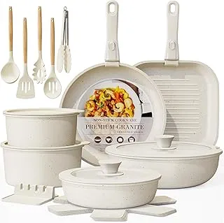 Astercook 23 Pcs Pots and Pans Non Stick Ceramic Cookware Set Detachable Handle, RV Stackable Kitchen Cooking Set Removable Handles, Oven Safe, Induction Ready, Cream White