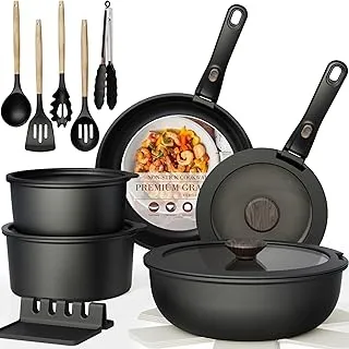 Astercook Non Stick RV Pots and Pans Ceramic Kitchen Cookware Set with Detachable/Removable Handle, Oven Safe, Induction Ready, Stackable, Black, 21 pcs