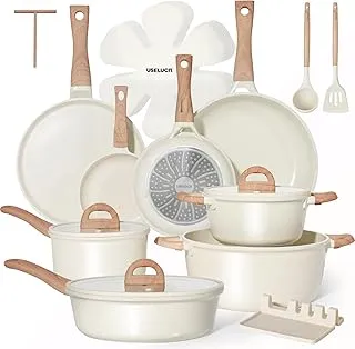 Pots and Pans Set Non Stick Non-Toxic 22 Pcs Ceramic Cookware Sets Nonstick Kitchen Pot&Pan With Lid Cream White Granite Induction Compatible with Glass Lids Crepe Frying Pan PFOA/PFOS-Free