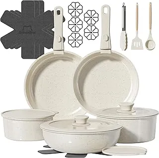 23 Pcs Pots and Pans Set Non Stick, Ceramic Cookware Set Non Toxic with Detachable Handles, Healthy Induction Cookware Oven Safe RV Kitchen Set, PFAS PFOA & PTFE Free, Cream White