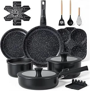 Ammeloo 21-Piece Ceramic Pots and Pans Set Non Stick with Detachable Handles and Egg Frying Pan, Non-Toxic Cookware, Induction Ready, Oven Safe, Stackable for Storage, Black Speckled