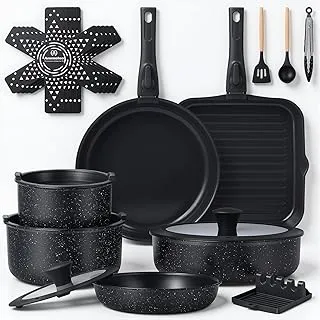 Ammeloo 21 Pcs Pots and Pans Set Non Stick with Detachable Handle & Grill Pan, Induction Ceramic Cookware Set, Non Toxic Kitchen Pots and Pans Set for RVs,Camping, Oven/Dishwasher Safe, Black