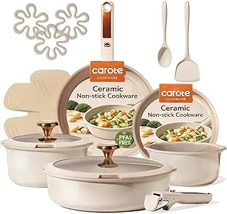 CAROTE 18Pcs Ceramic Cookware Set with Detachable Handle, Pots and Pans Set Non Stick, Non Toxic Cookware Set Removable Handles, Induction Kitchen Cookware Sets, Dishwasher/Oven Safe
