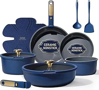 CAROTE Blue&Gold Ceramic Cookware Set Non Toxic, PFAS Free,15Pcs Pots and Pans Set Non Stick Detachable/Removable Handle,Kitchen Cooking Set Dishwasher Safe, Nonstick Pot and Pan, Induction Cookware