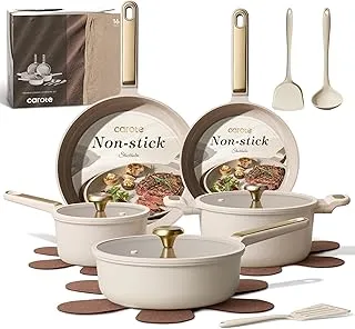 CAROTE Ceramic Cookware Set Nonstick, 14pcs Pots and Pans Set Nonstick, Non-Toxic & PFAS-Free, Dishwasher, RV/Camping Cookware Set, Cooking Pots with Lids, Light Taupe