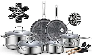 Ammeloo 17 Pcs Nonstick Stainless Steel Cookware Set, Hybrid Stainless Steel Pots and Pans Set Non Stick, Non Toxic Kitchen Cookware Sets, Dishwasher & Oven Safe, Induction & All Cooktop Compatible