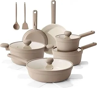 SENSARTE Ceramic Nonstick Pots and Pans Set 17pcs, Healthy Induction Cookware Set, Nontoxic Kitchen Cooking Set with Skillets & Saucepans, Stay-cool Handles, PFAS PTFE PFOA PFOS Free,Taupe